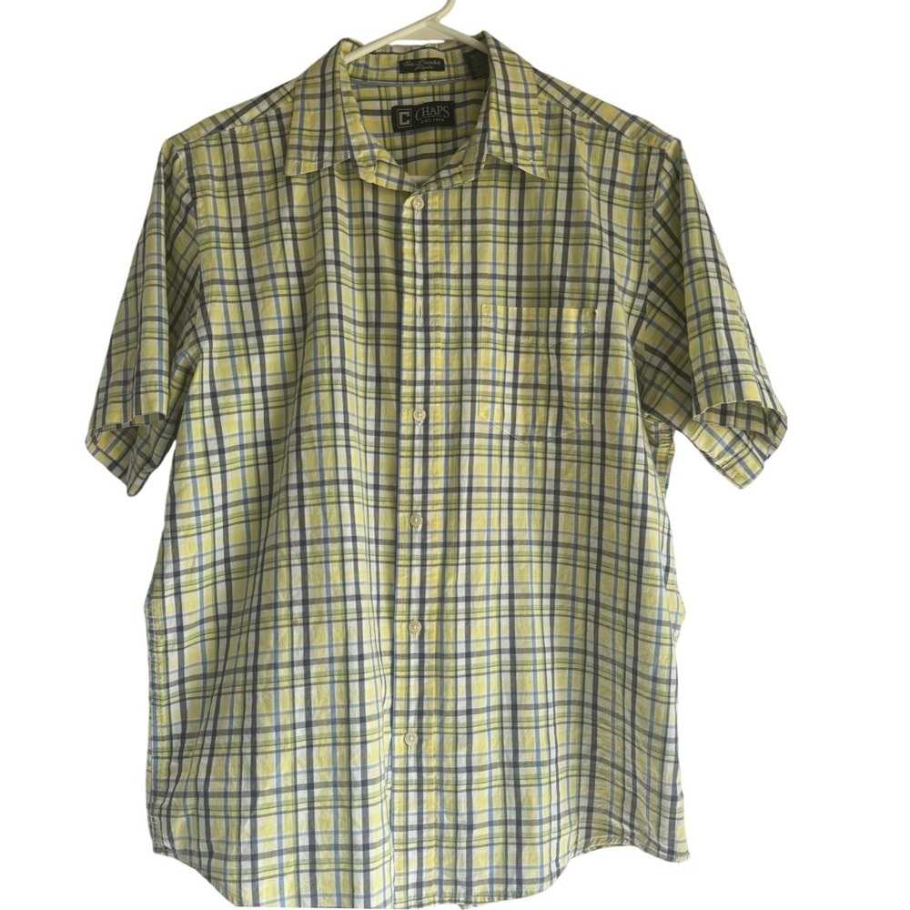 Chaps Mens Large Plaid Short‎ Sleeve Button Down Shirt Yellow Blue Gray